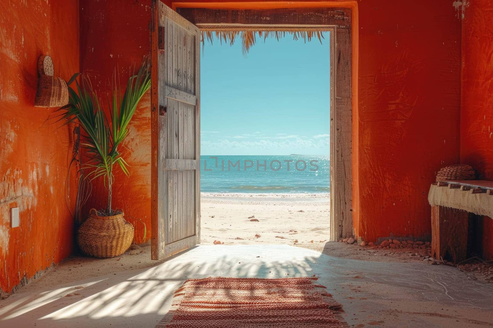 Open door with access to the beach from desert. Travel concept. ai generated