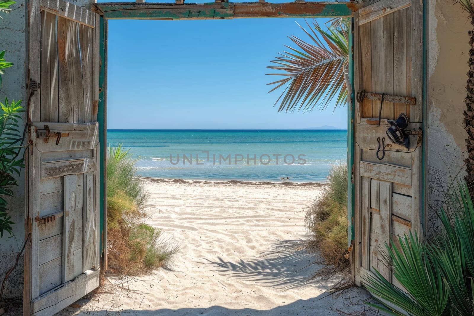 Open door with access to the beach from desert. Travel concept. ai generated
