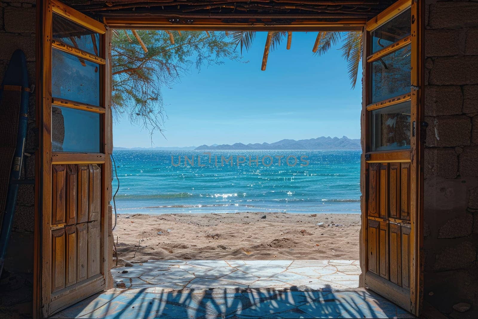 Open door with access to the beach from desert. Travel concept. ai generated
