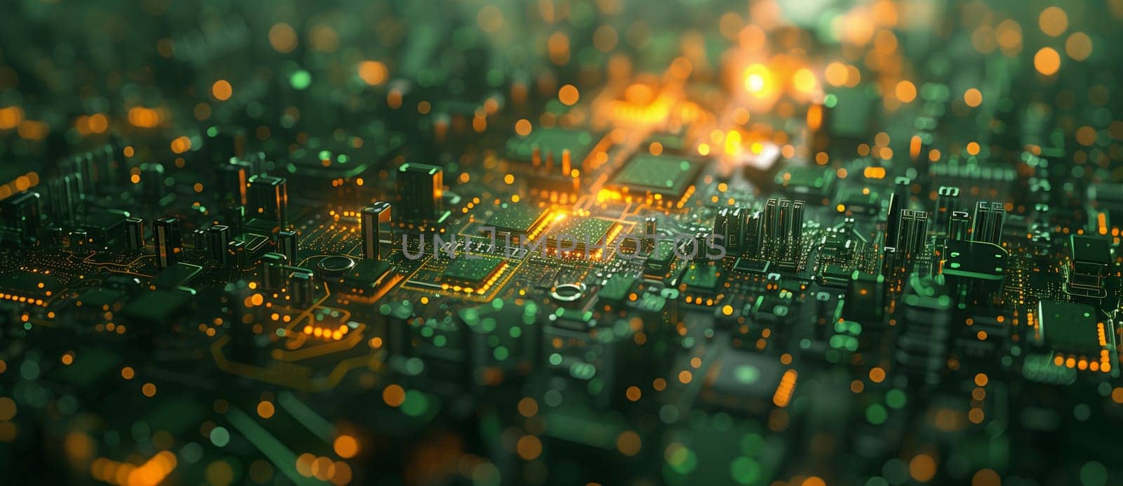 Closeup on electronic board in hardware repair shop, blurred and toned image. Shallow DOF, focus on the middle left field by Andelov13