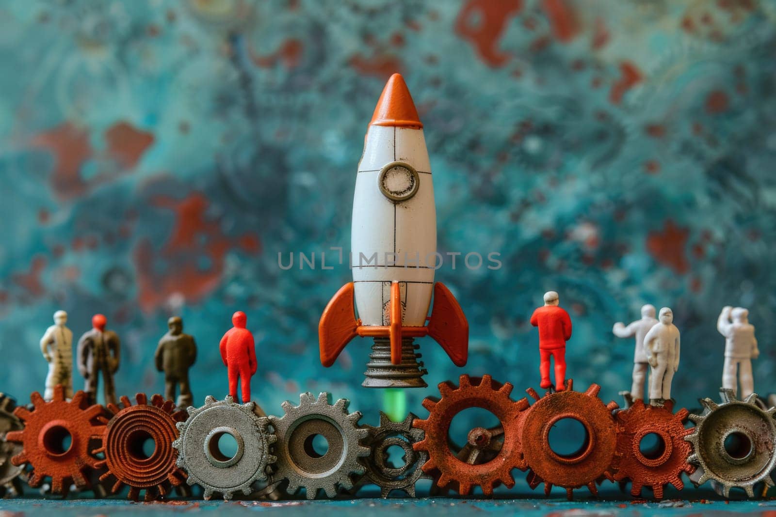 People join gearwheels around toy rocket. ai generated