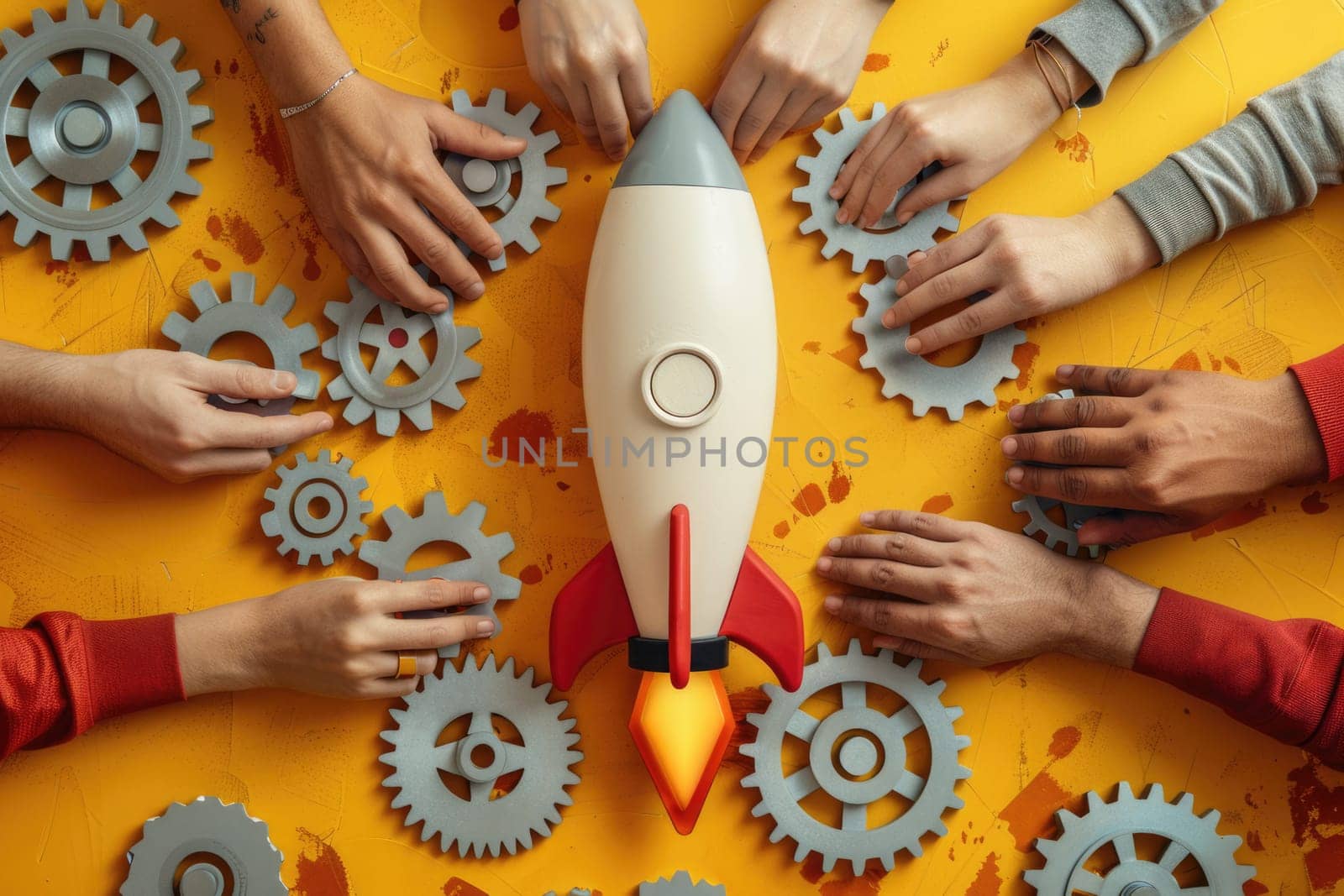 People join gearwheels around toy rocket. ai generated