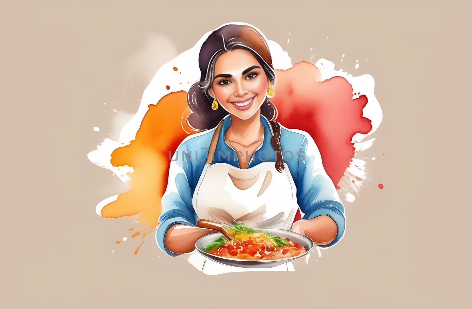 Smiling sweet Mexican woman presents Latin American cuisine, illustration style.