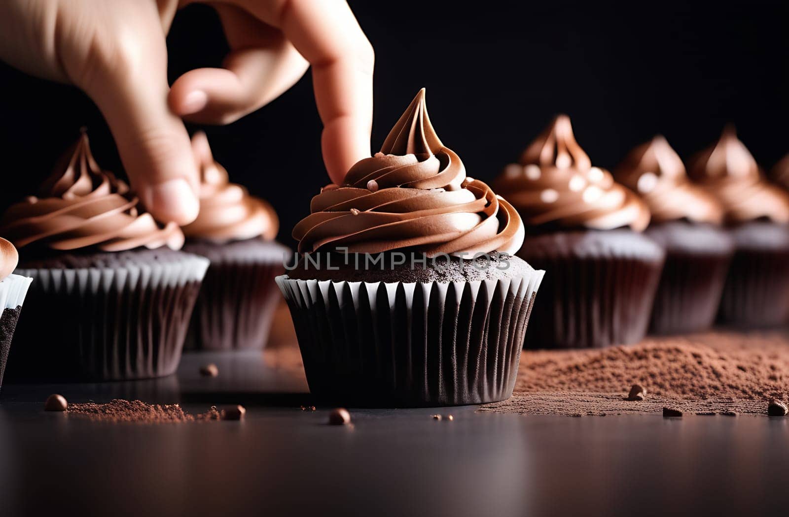 Close-up of delicious chocolate muffins standing on the table, a woman's hand checks the pastries.