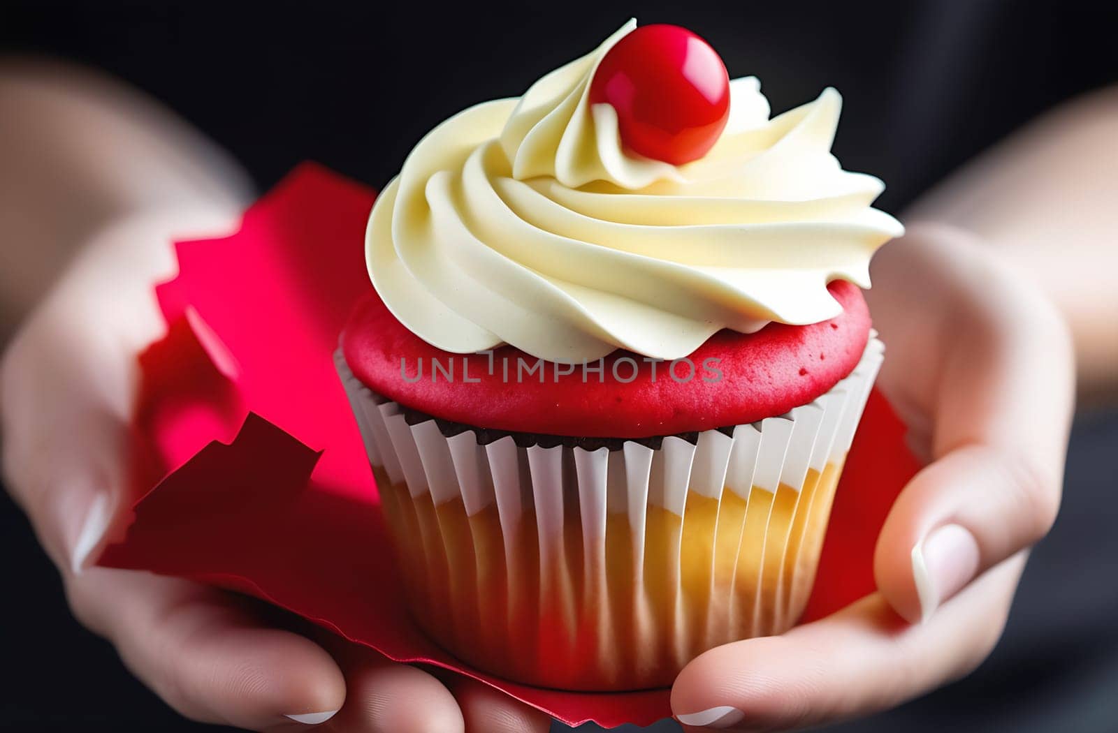 Delicious raspberry cupcake with white chocolate in hands, close-up