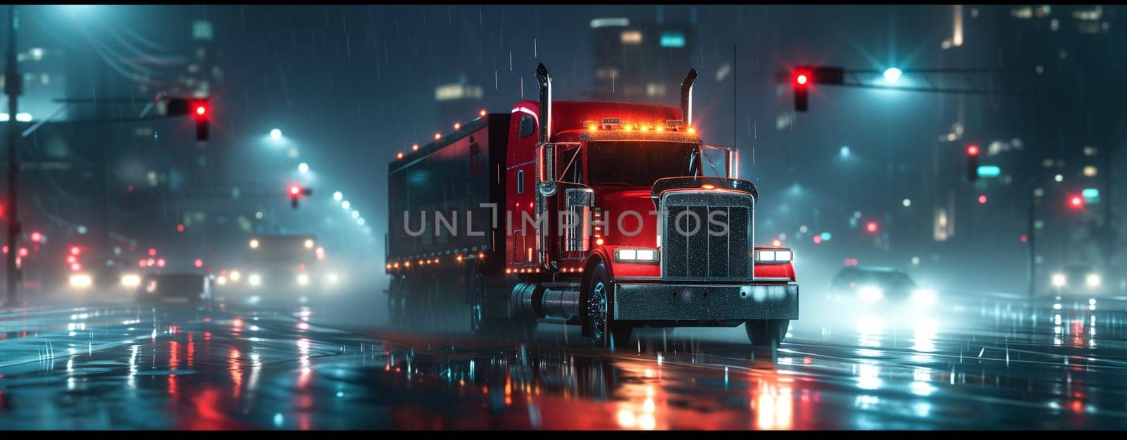 truck is moving along the road at night. High quality photo