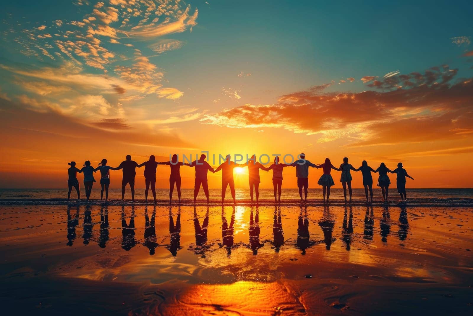 Group of People silhouettes on beach background. Leadership in business metaphor. ai generated