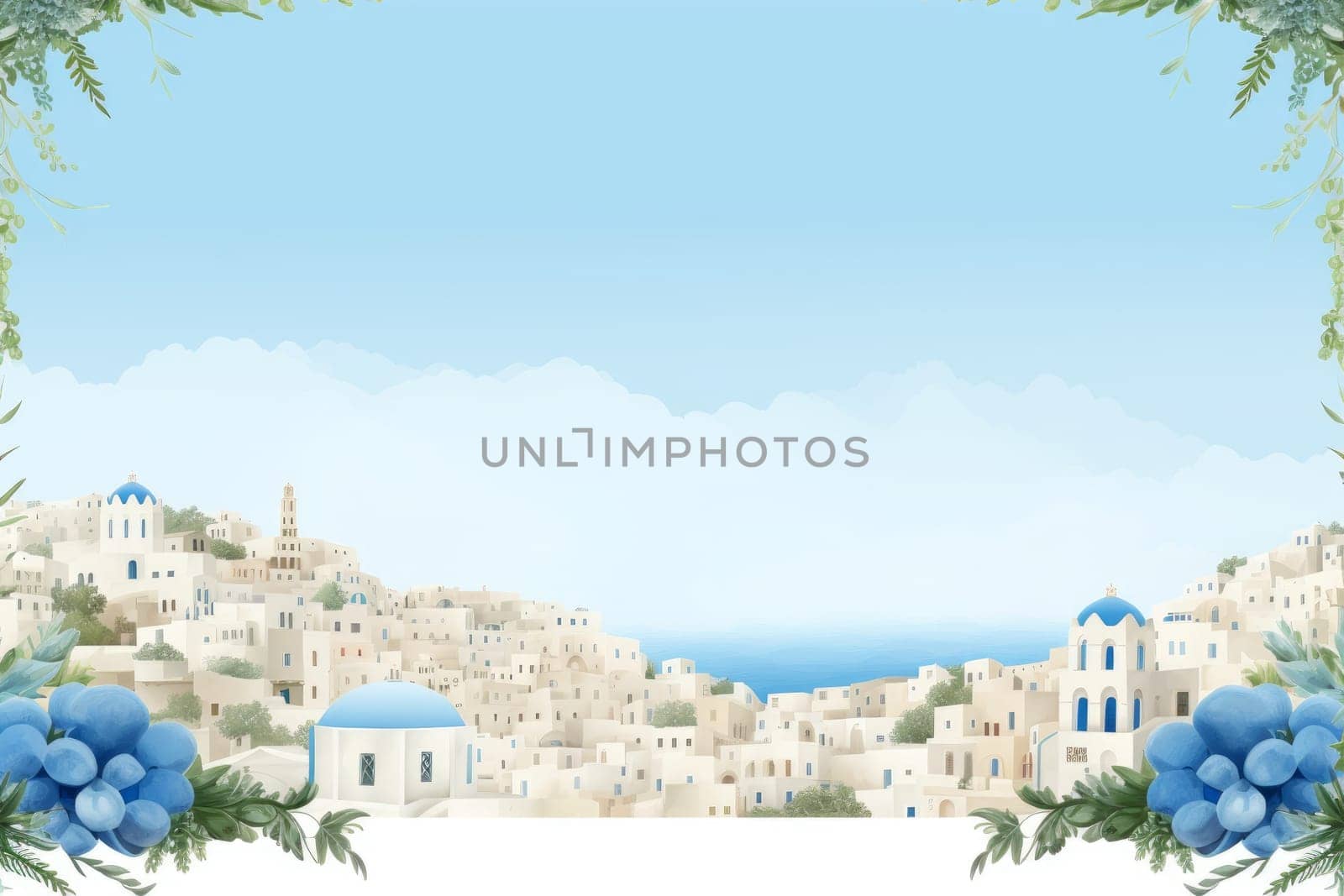 Idyllic Greece day vacation background. Panoramic beauty. Generate Ai