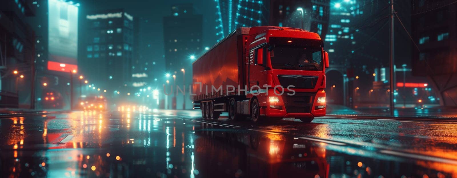 truck is moving along the road at night. High quality photo