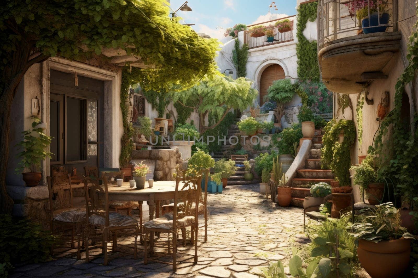 Charming Greek house backyard. Generate Ai by ylivdesign