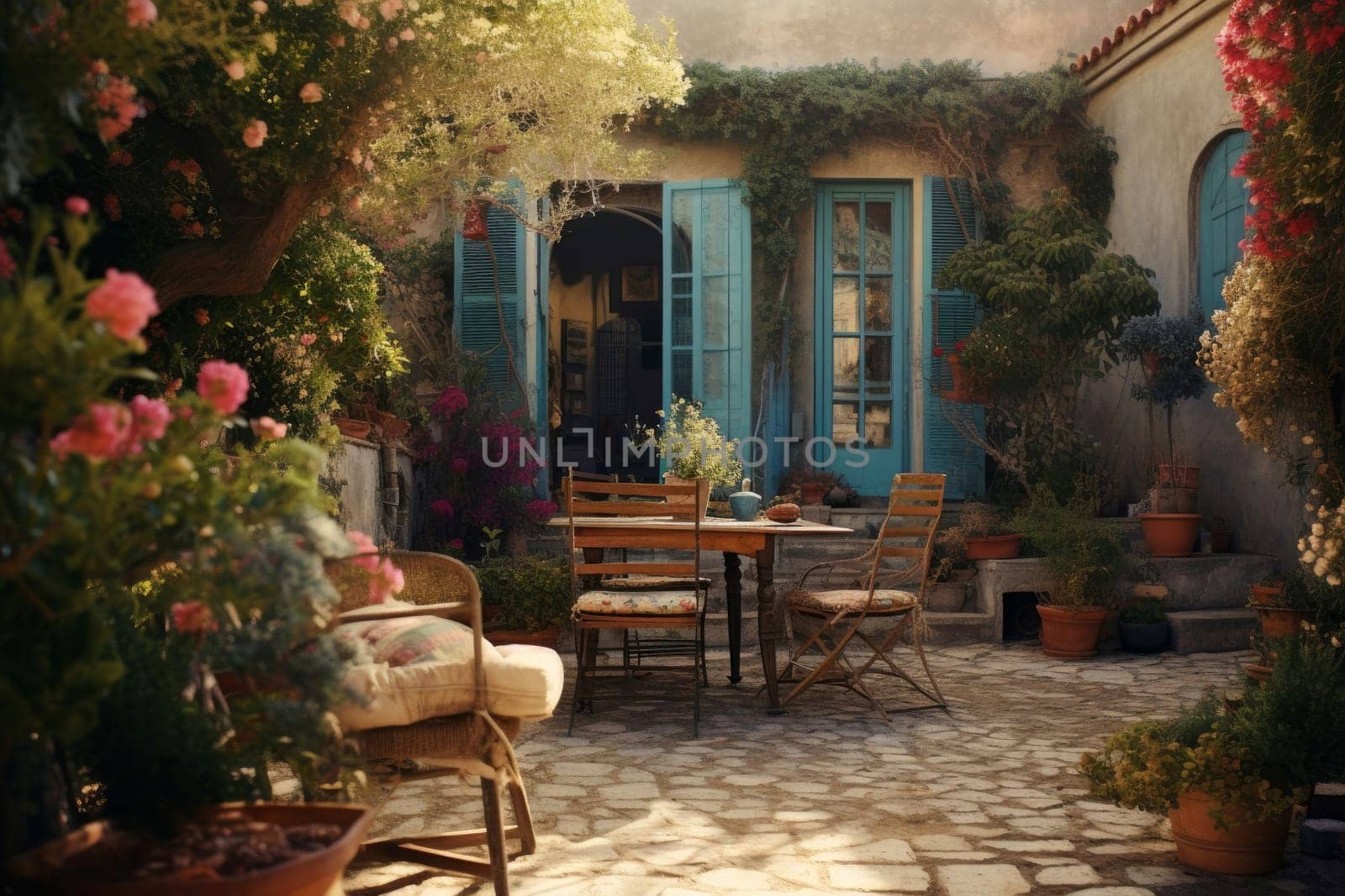 Spacious Greek house backyard. Summer flowers. Generate Ai