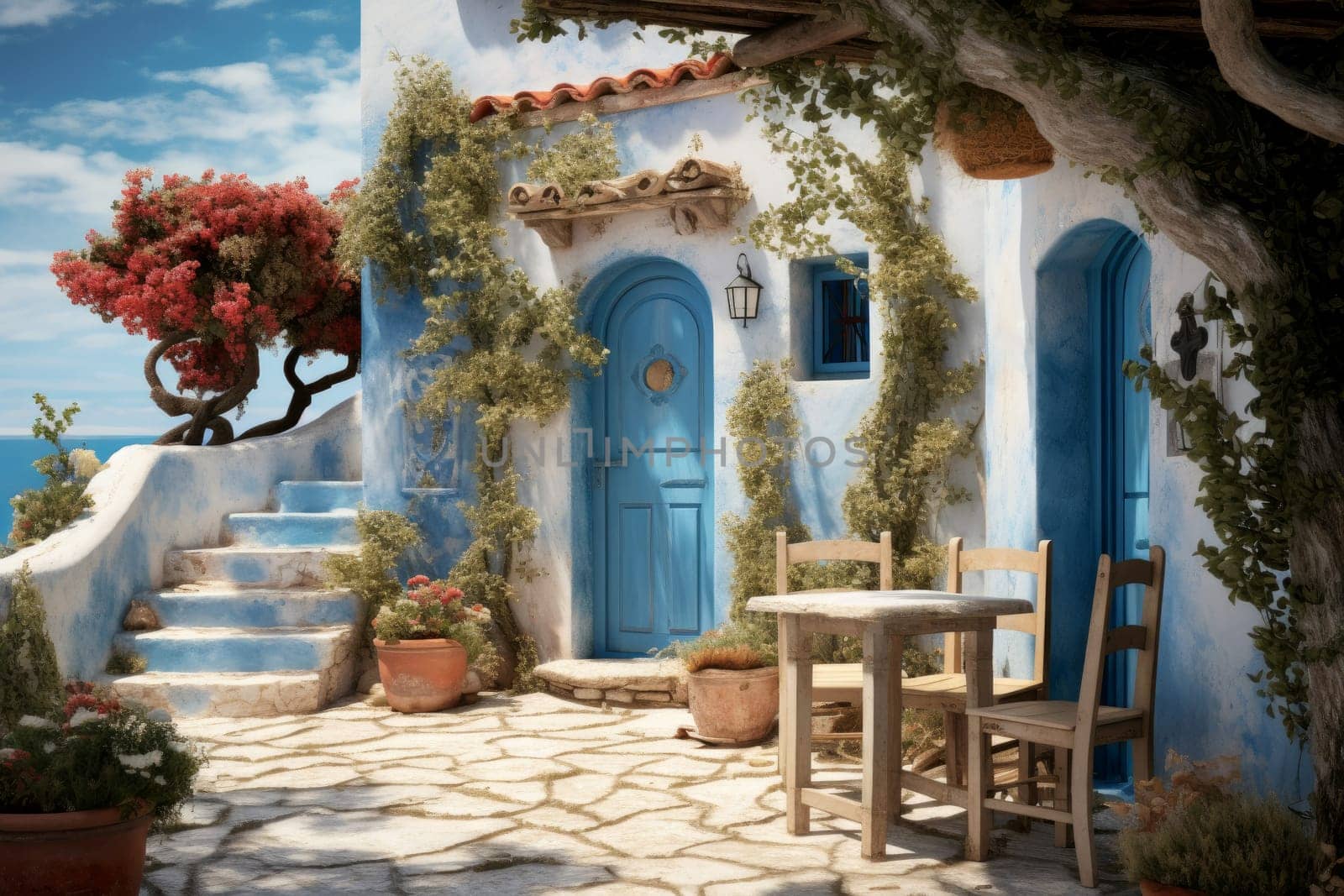 Verdant Greek house backyard. Generate Ai by ylivdesign