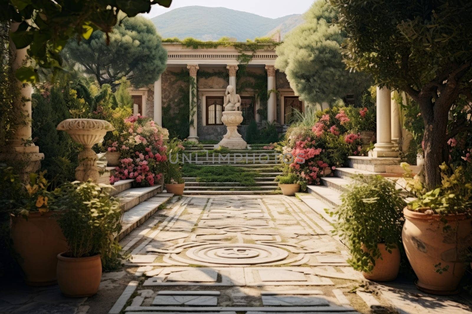Captivating Greek style garden pool. Blossom island. Generate Ai