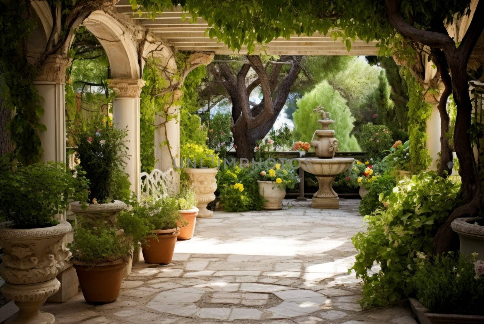 Greek style garden pool. Blossom island. Generate Ai