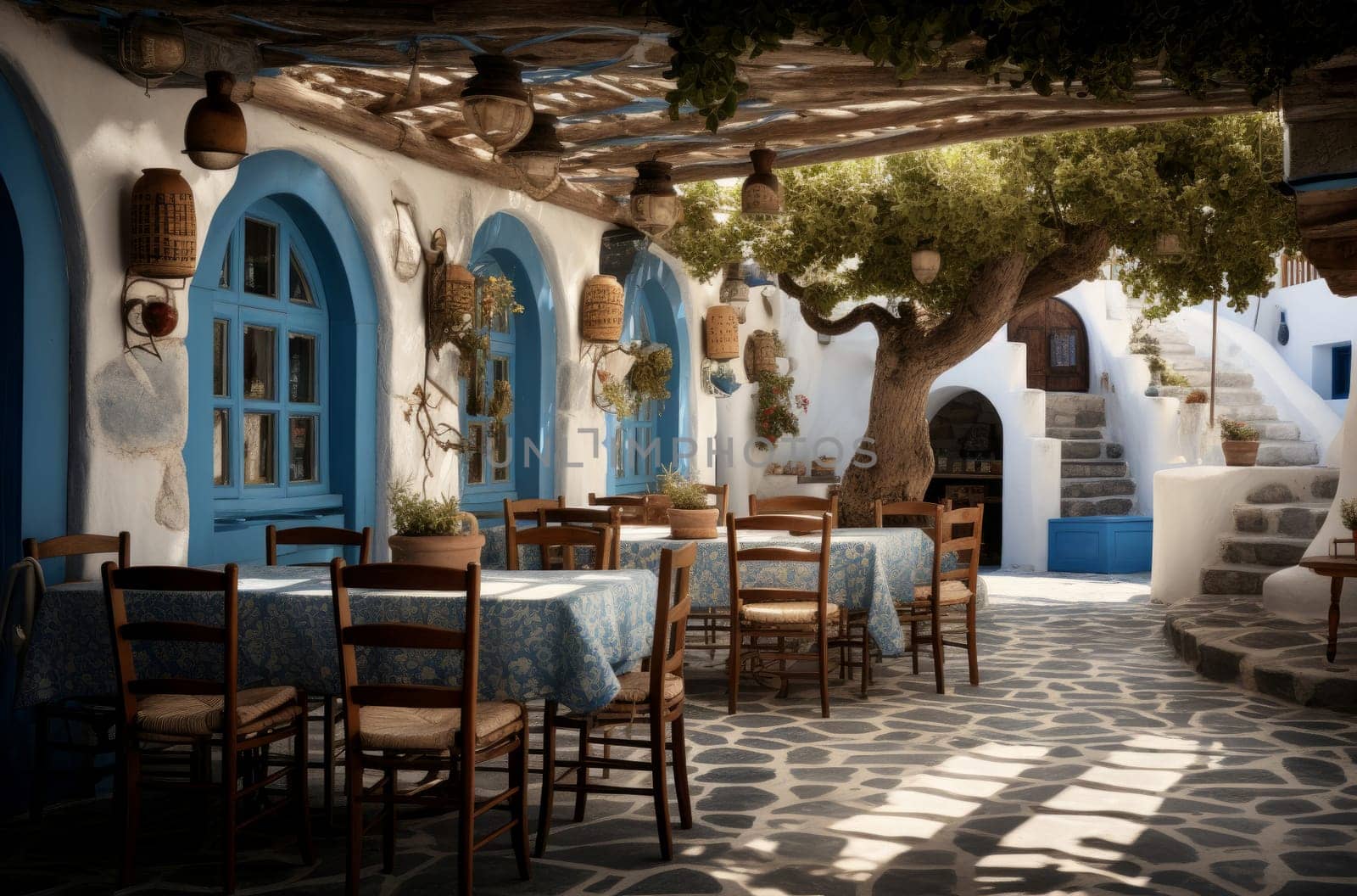 Authentic Greek tavern near sea. Generate Ai by ylivdesign