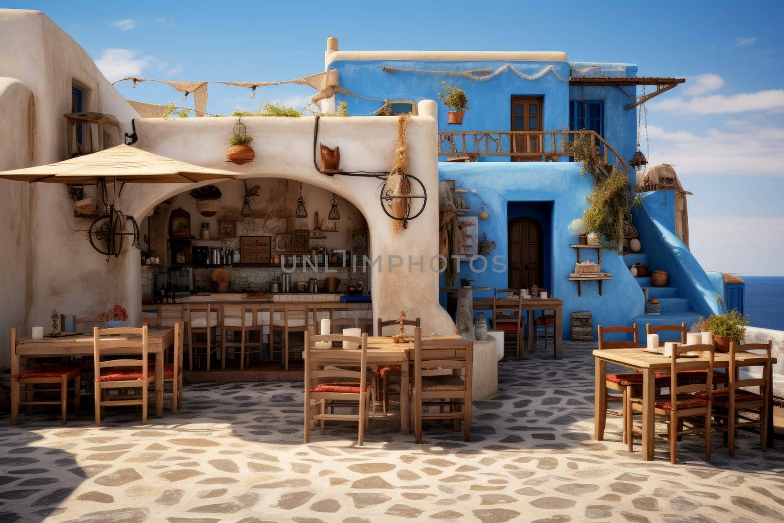 Cozy Greek tavern near sea. Travel greece. Generate Ai