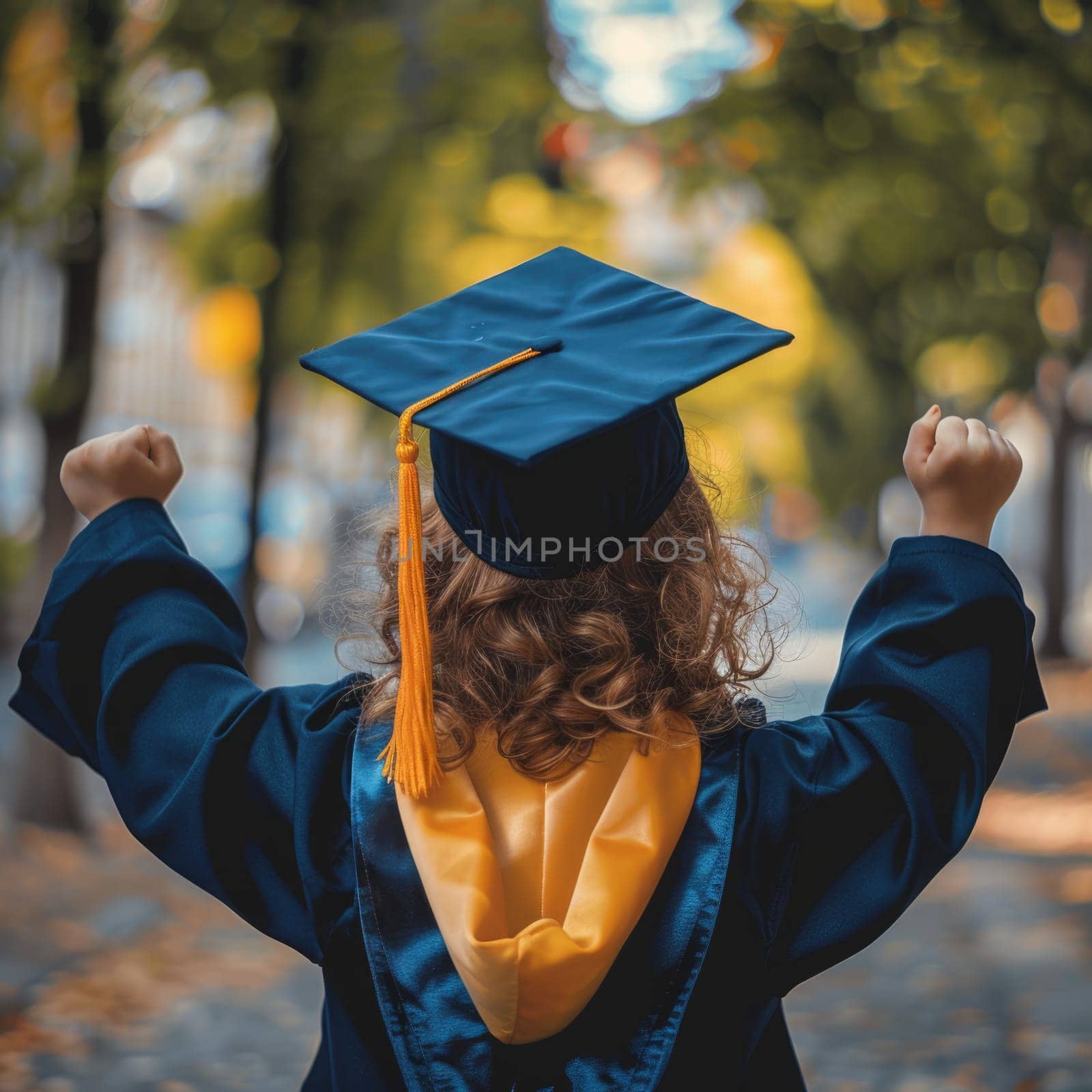 Success Through Education Concept . girl in graduate gown happy to learn, standing next to the blackboard. ai generated