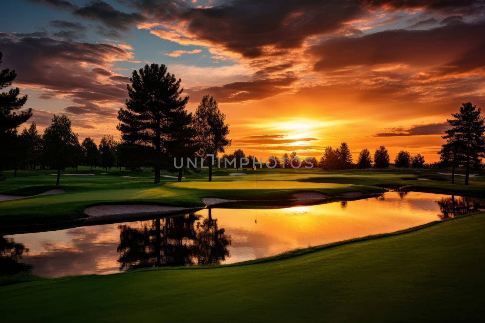 Vibrant Green gold course sunset grass. Vacation sport. Generate AI