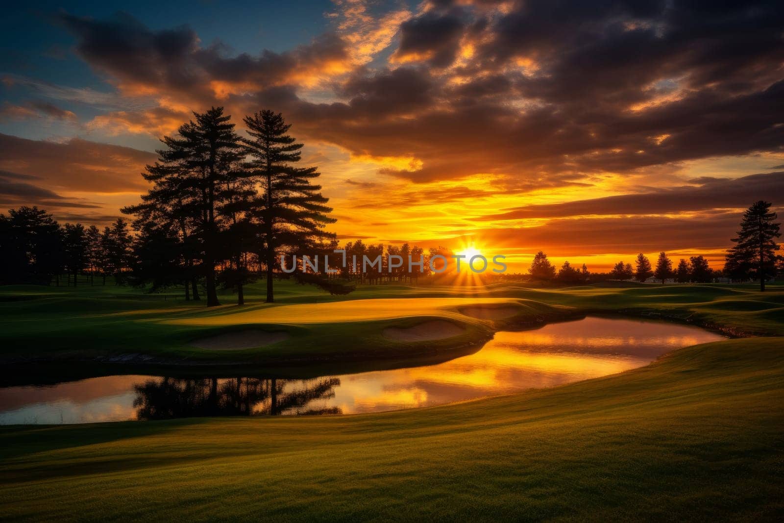Green gold course sunset grass. Vacation sport. Generate AI