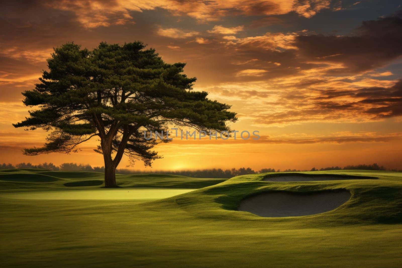 Majestic Green gold course sunset grass. Generate AI by ylivdesign