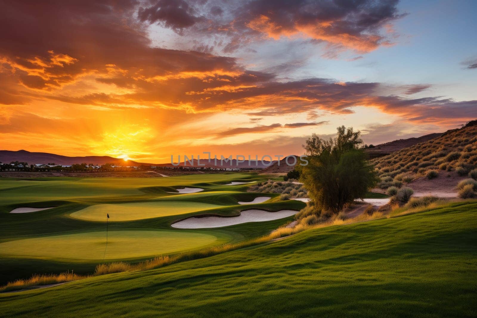 Radiant Green gold course sunset grass. Vacation sport. Generate AI