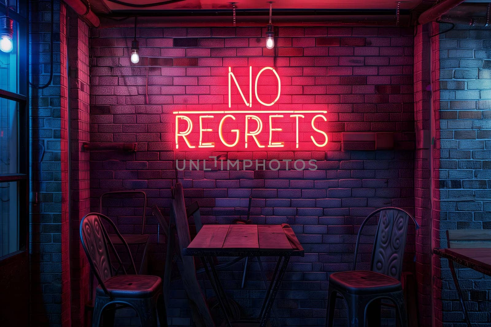 A neon sign that says NO REGRETS on a brick wall. Neural network generated image. Not based on any actual scene or pattern.