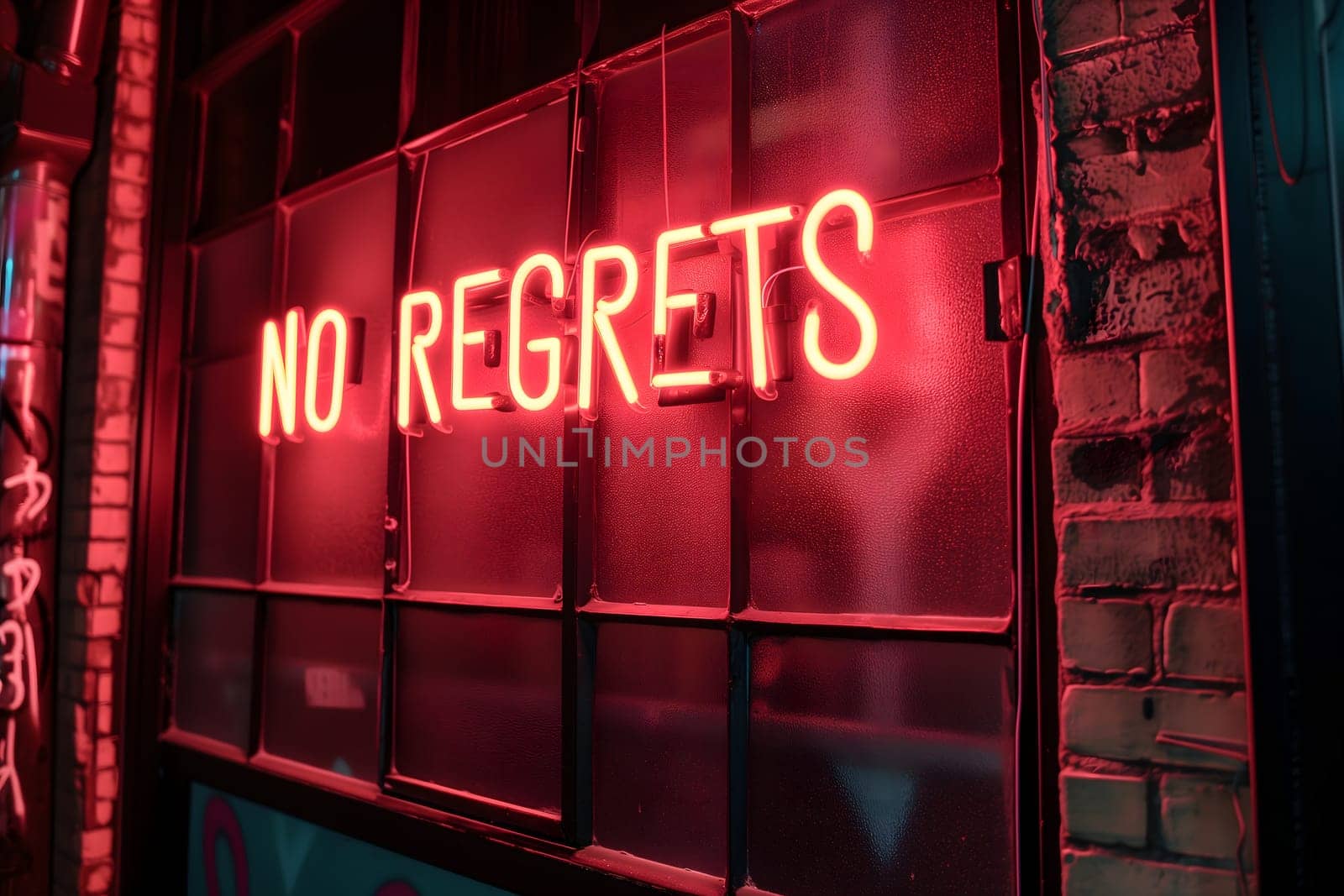 A neon sign that says NO REGRETS on a wall. Neural network generated image. Not based on any actual scene or pattern.