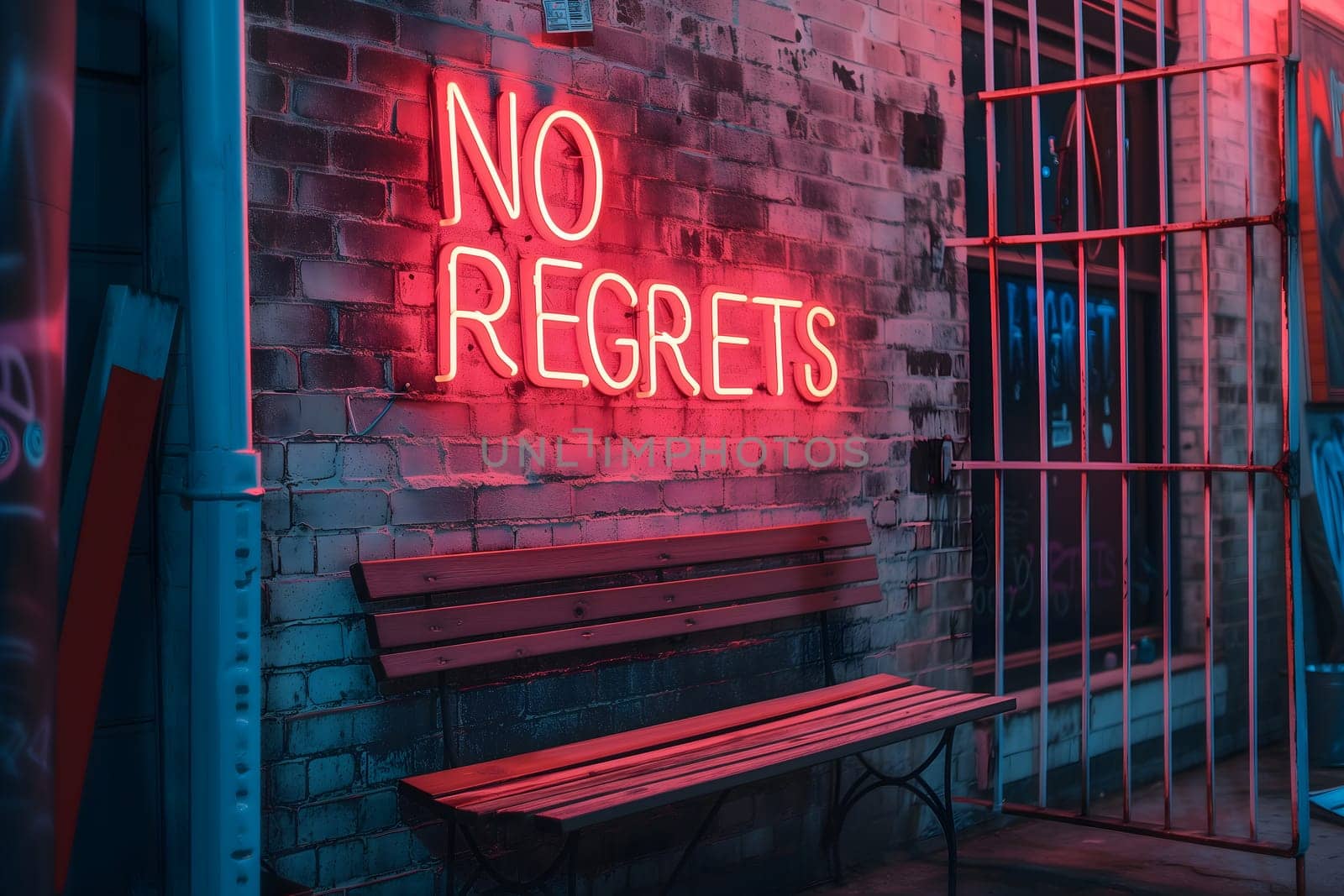 A neon sign that says NO REGRETS on a brick wall. Neural network generated image. Not based on any actual scene or pattern.