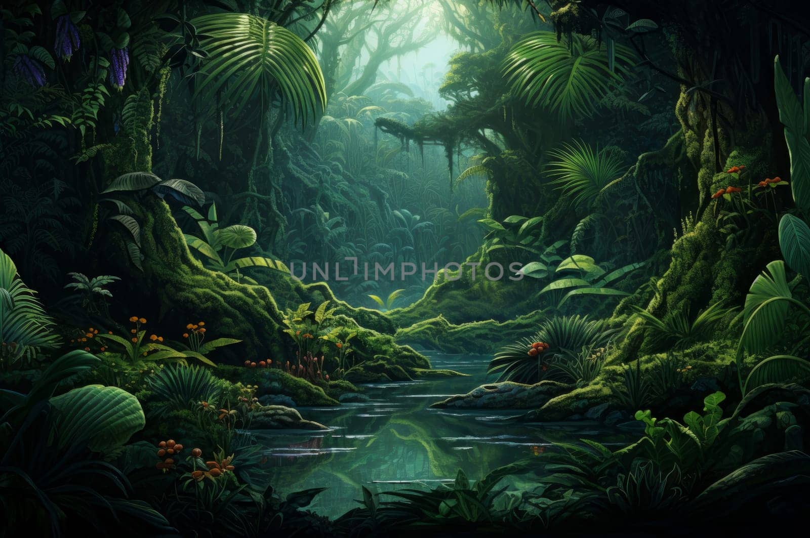 Green prehistoric jungle. Tropical nature. Generate Ai
