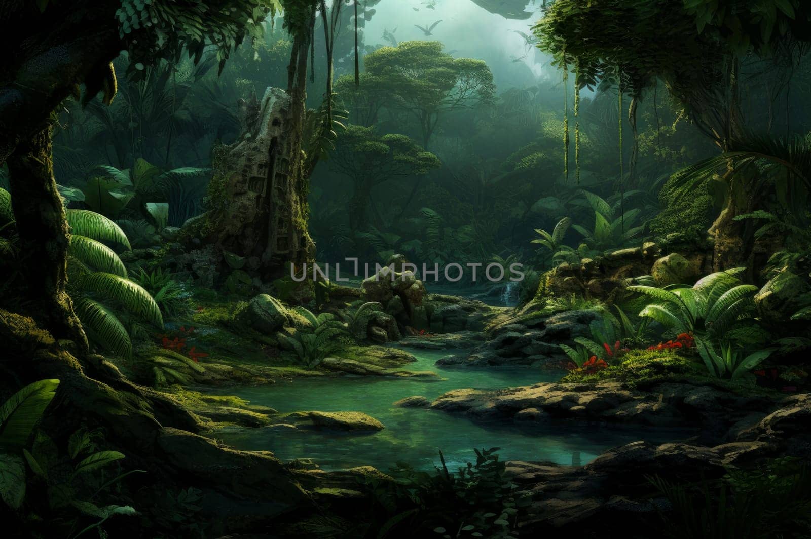 Ancient Green prehistoric jungle. Generate Ai by ylivdesign