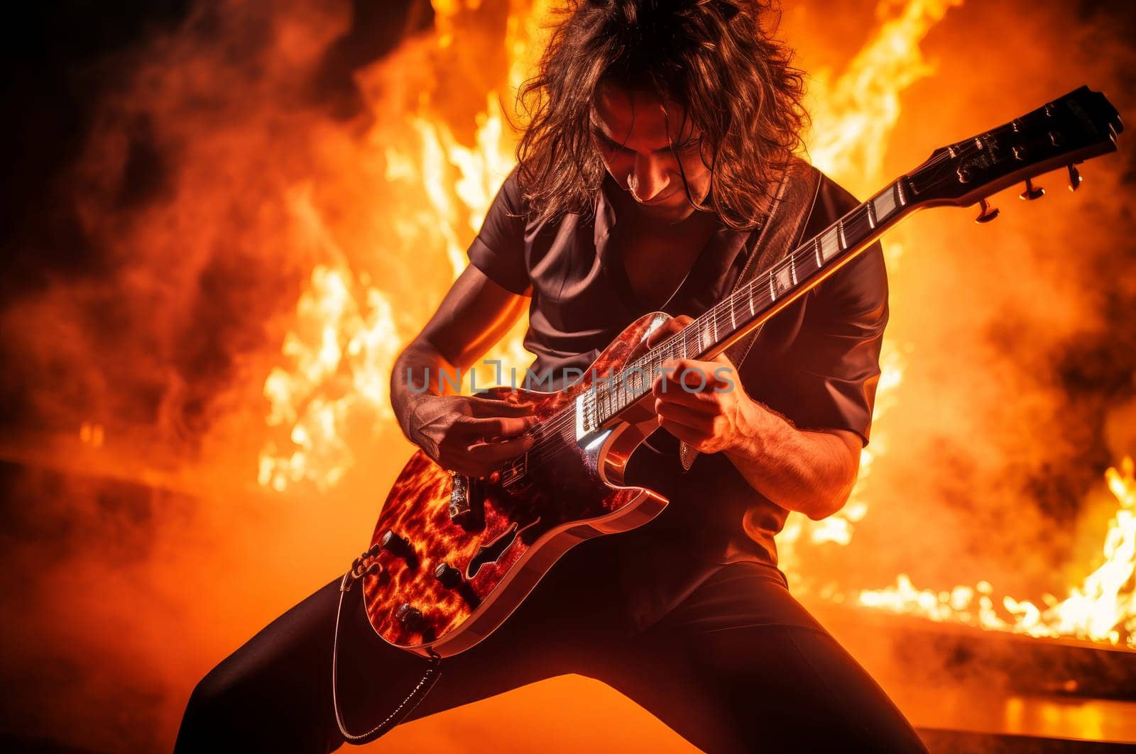Electrifying Guitarist take on fire. Rock stage music by ylivdesign
