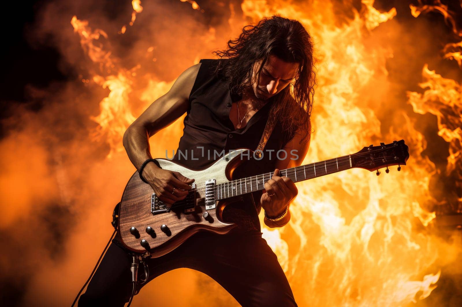 Blazing Guitarist take on fire. Rock stage music by ylivdesign