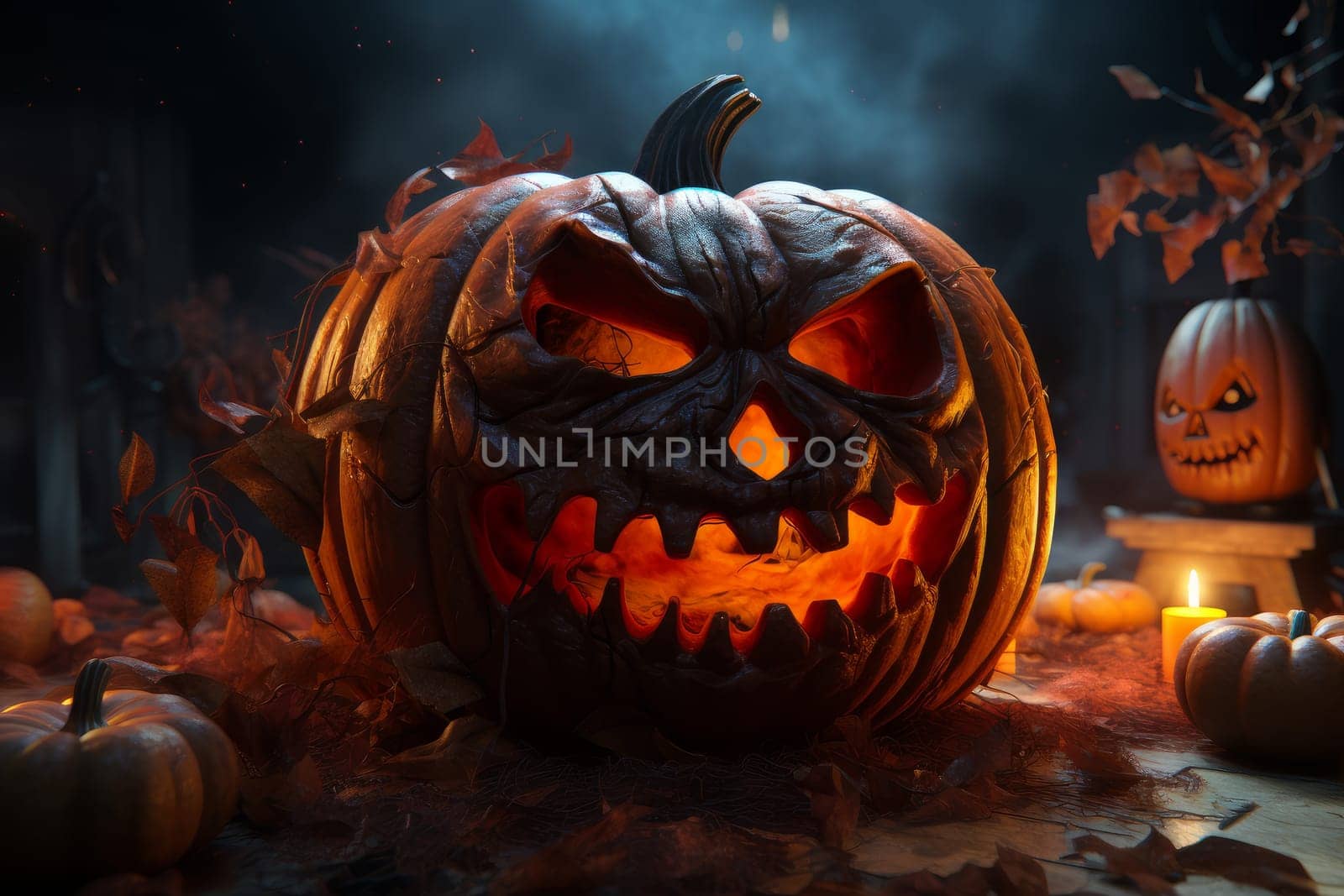 Spooky Halloween pumpkin. Candle face orange. Generate Ai