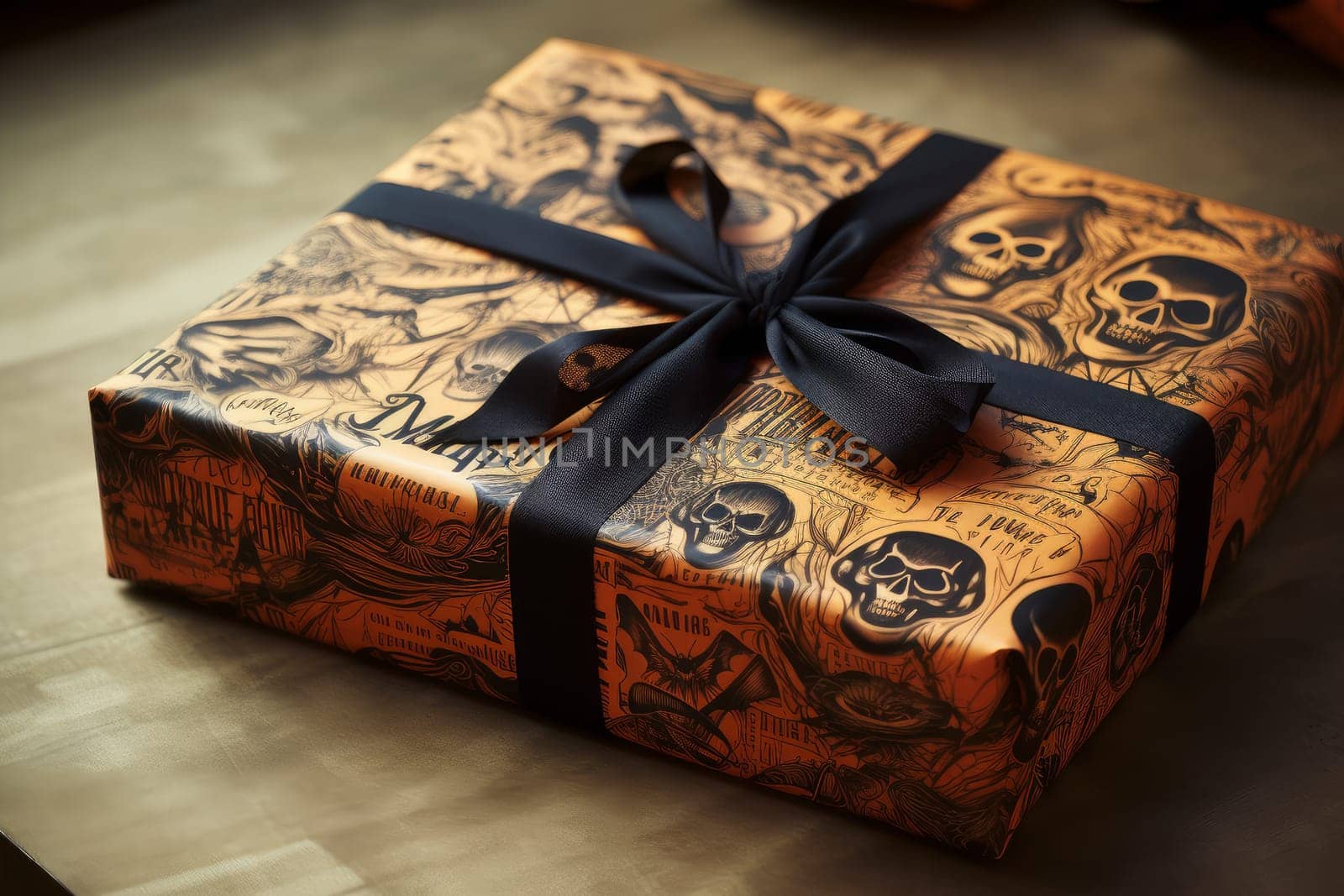 Festive Halloween gift box wrap. Decoration bat. Generate Ai