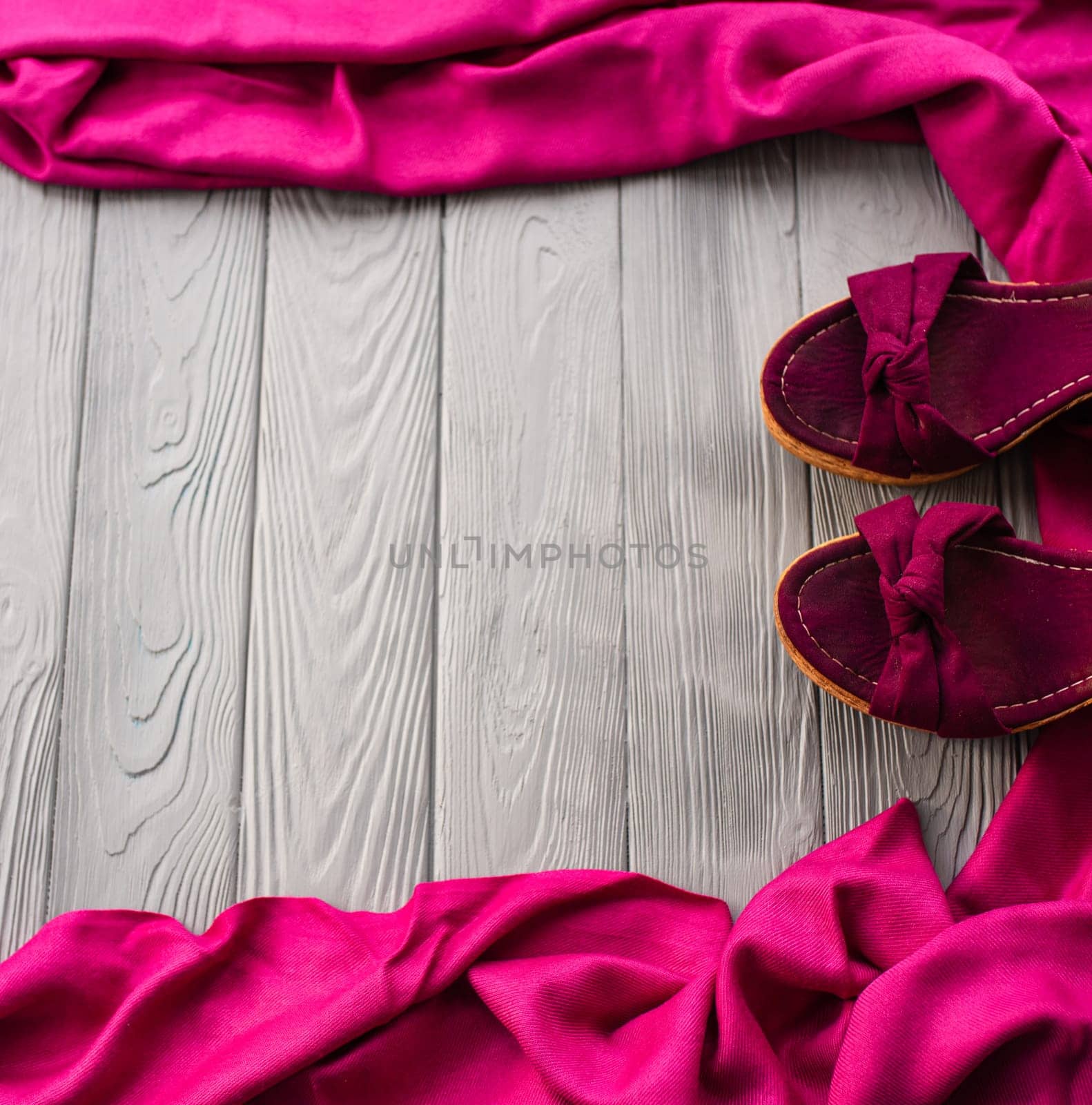 pink sandals wedge shawl shoes woman girl fashion outfit. Summer background template mockup copy free space pattern colorful composition sample text. Top view above grey wooden background flat lay