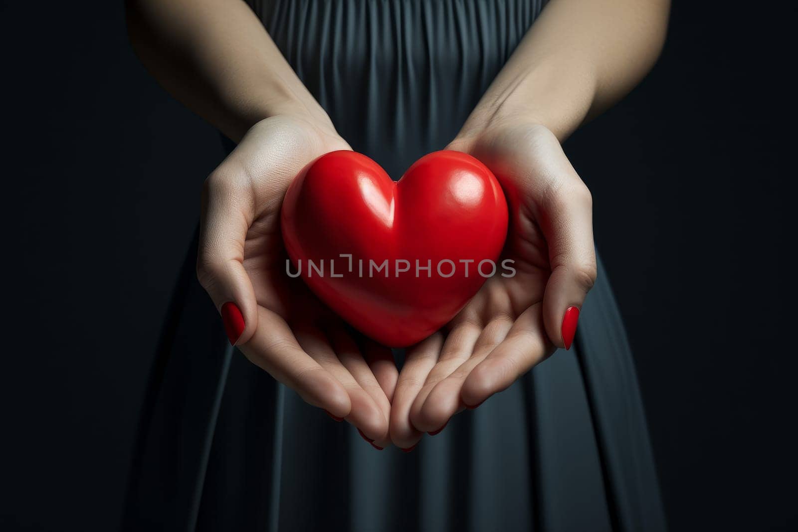 Gentle Hands of woman hold heart. Charity help. Generate Ai