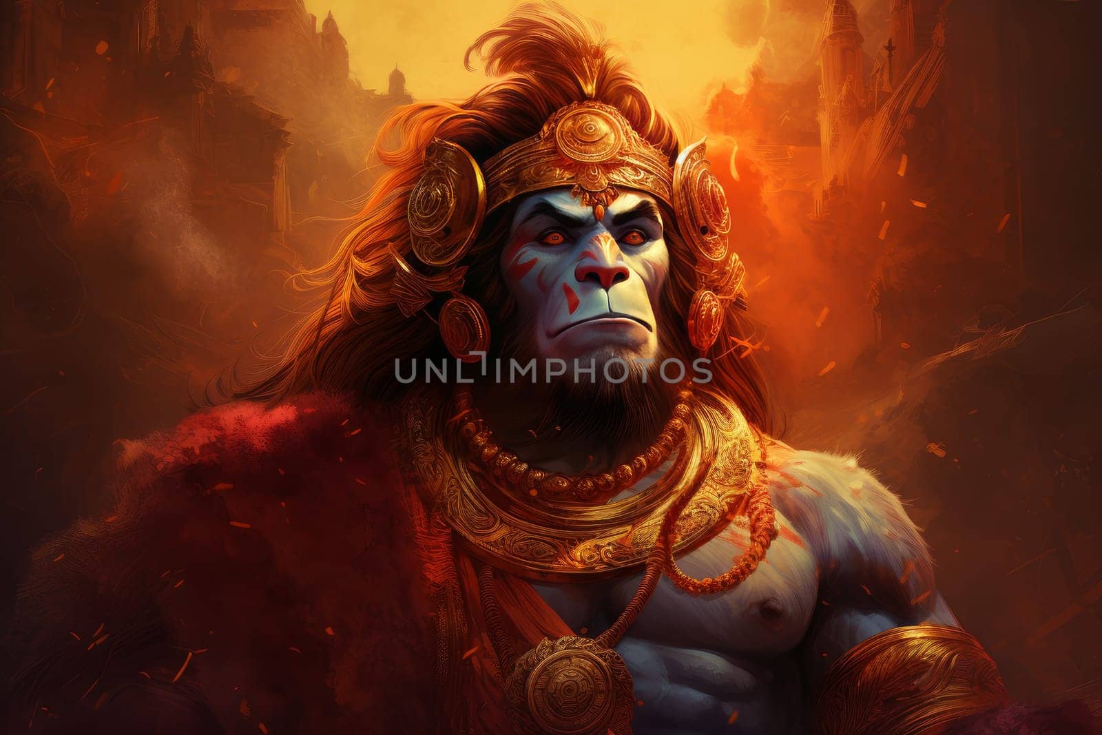 Brave Hanuman monkey god. Indian religion. Generate Ai