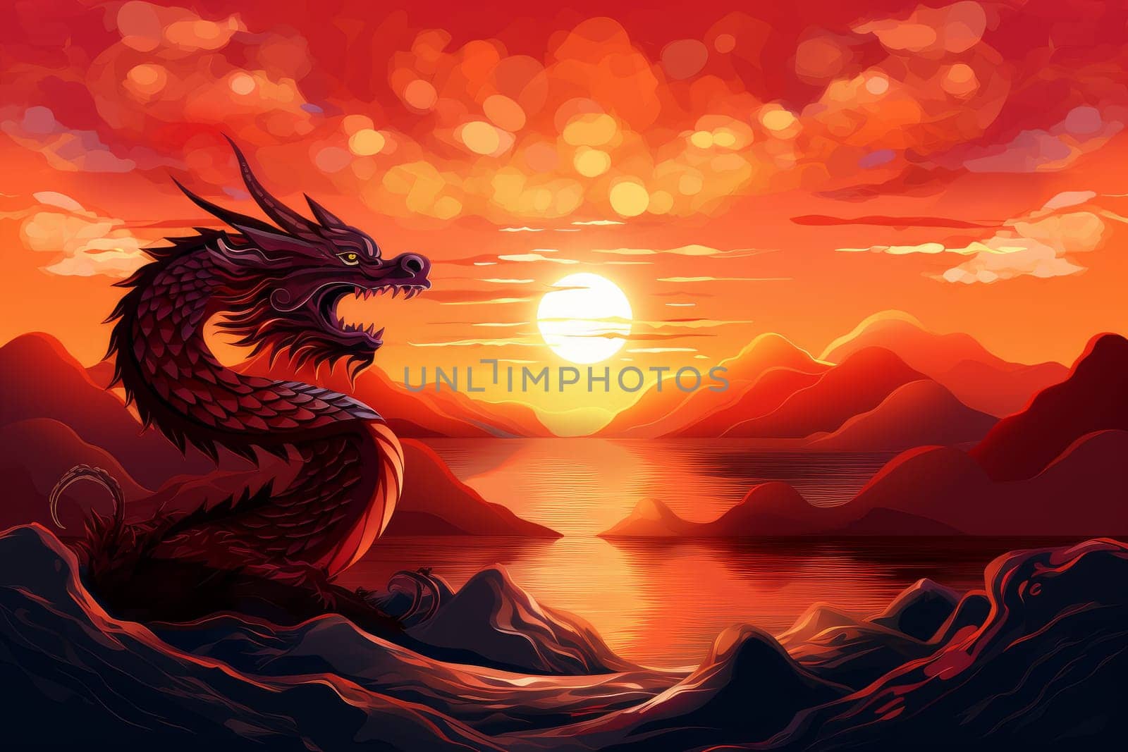 Fiery Chinese new year dragon sunset. Generate Ai by ylivdesign