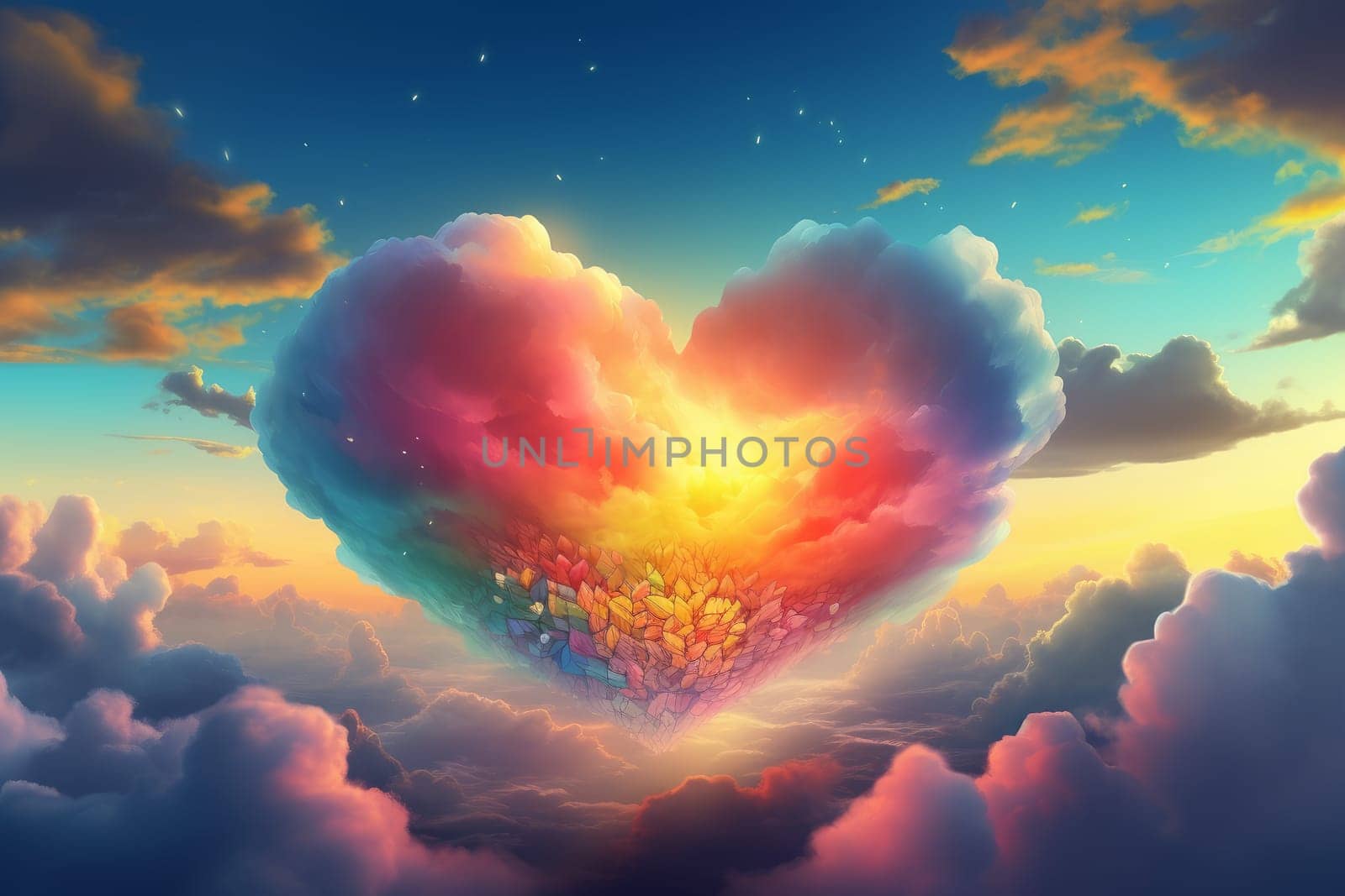 Dreamy Heart clouds colorful. Season heaven. Generate Ai