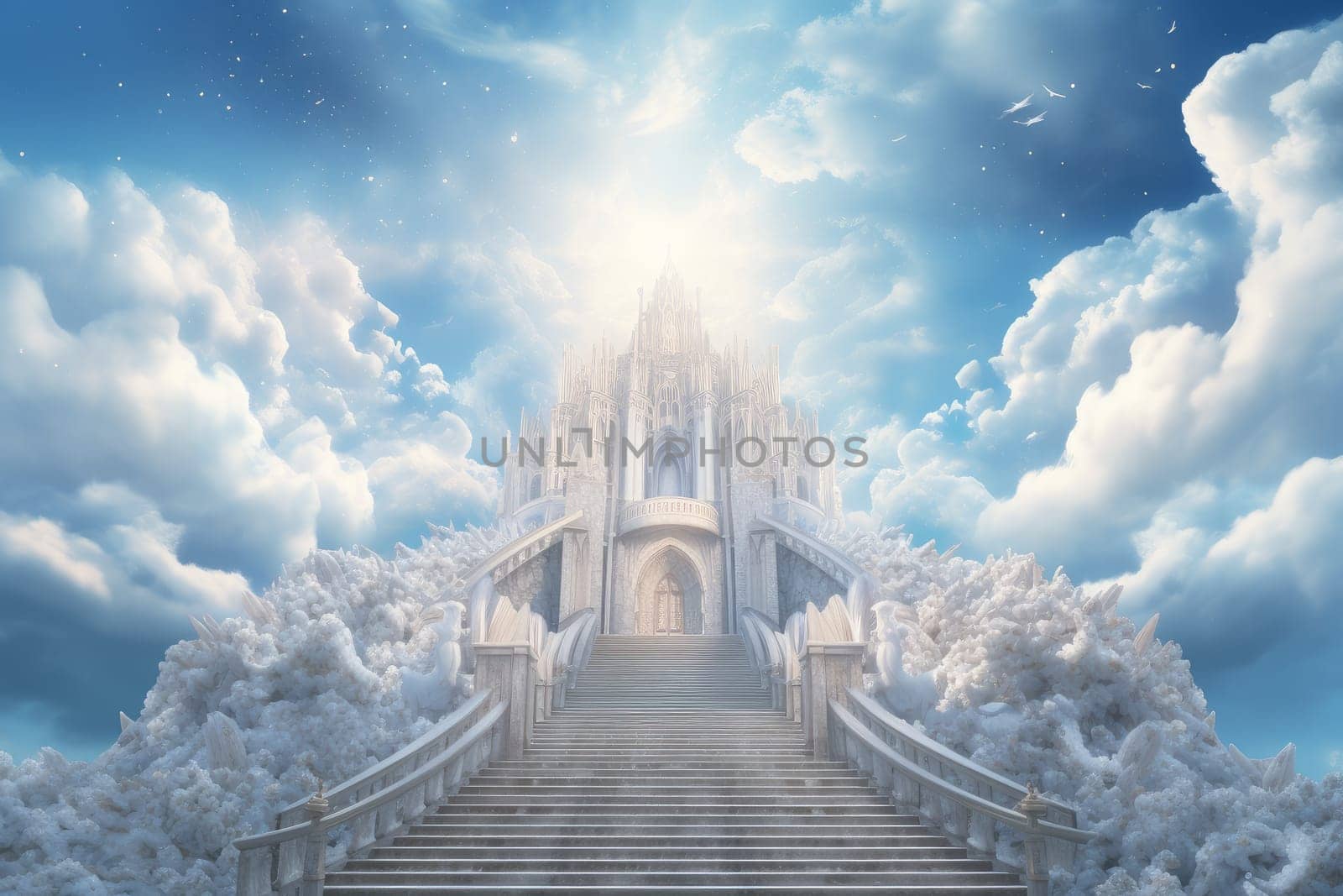 Heaven afterlife stairs. God belief. Generate Ai