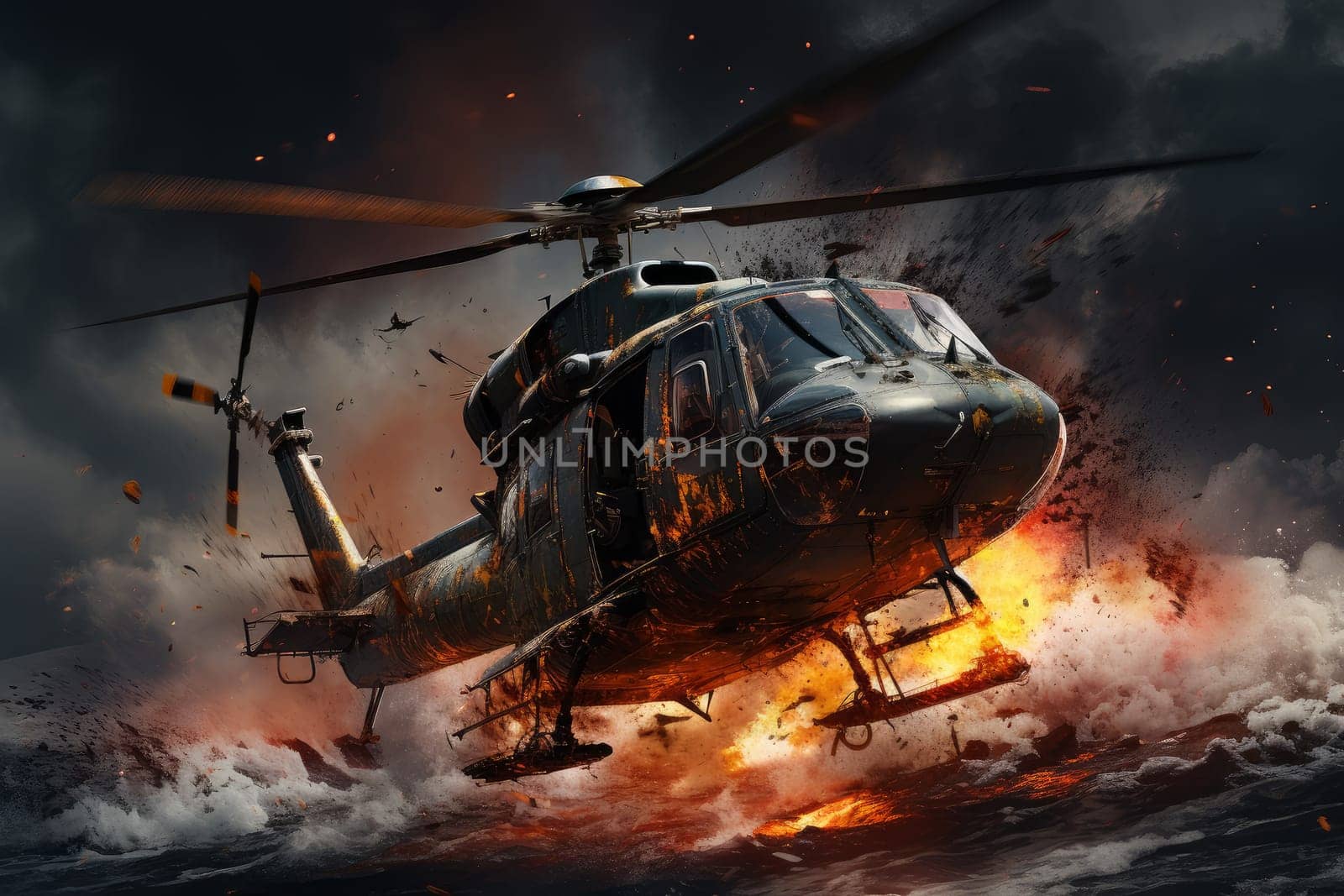 Helicopter crash war. Transport danger. Generate Ai