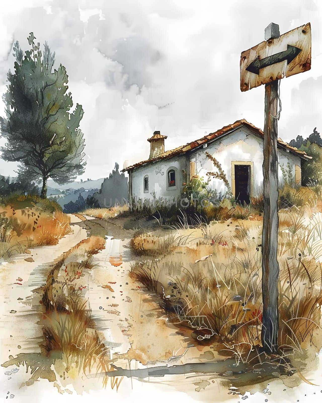 Watercolor painting of a house and sign on a dirt road in a natural landscape by Nadtochiy