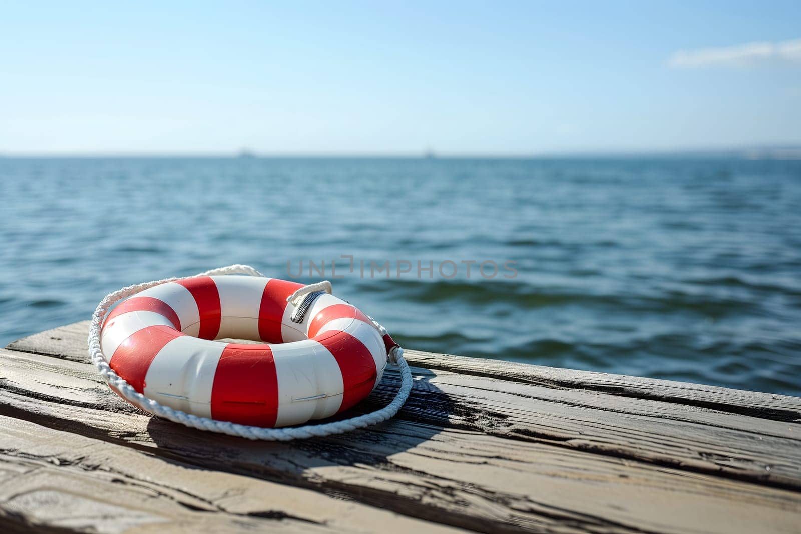 lifebuoy on wooden pier with clear blue sea in the background. Neural network generated image. Not based on any actual scene or pattern.