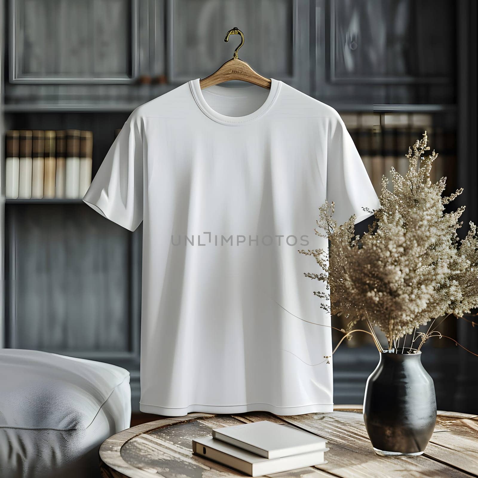 White tshirt on hanger next to flowerpot on wooden table. High quality photo