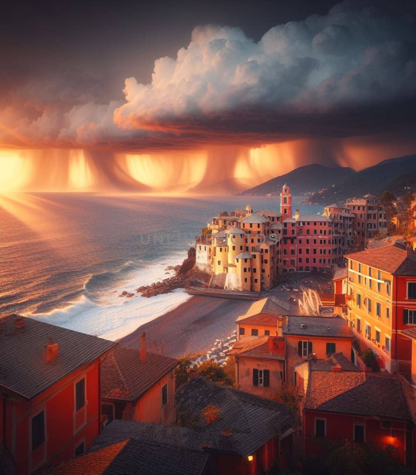 italian coastal landscape at sunset illustration ai generated