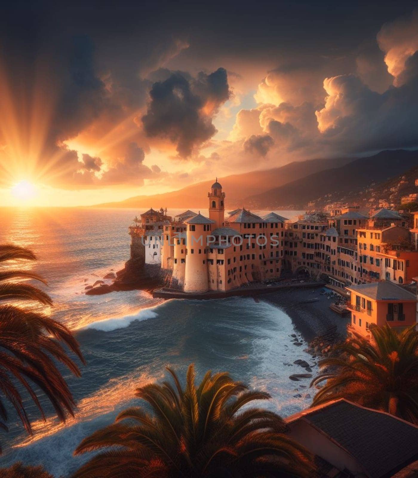 italian coastal landscape at sunset illustration by verbano