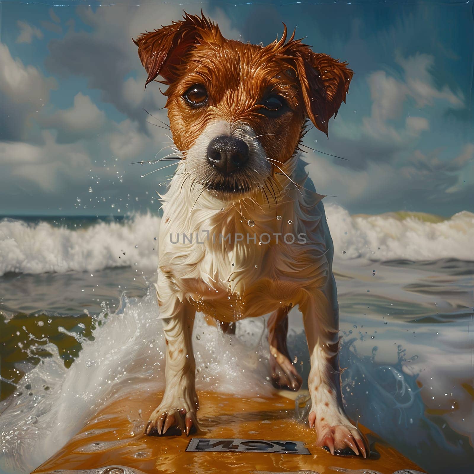 A carnivore dog of a companion breed rides a surfboard on the water under a cloudy sky, with its snout up, resembling a painting scene