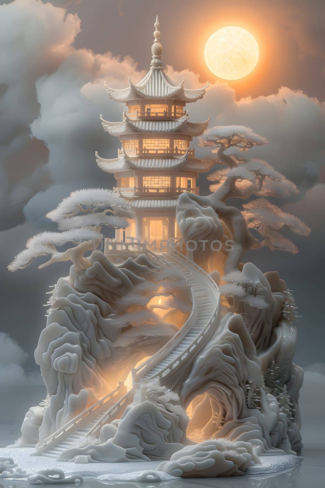 A sculpture of a pagoda, resembling a fictional character from mythology, perched on top of a snowcovered mountain under a cloudy sky