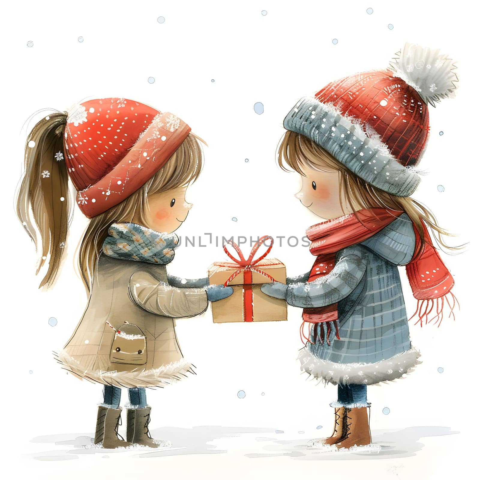 Child sharing a happy cartoon illustration as a gesture of friendship in winter by Nadtochiy