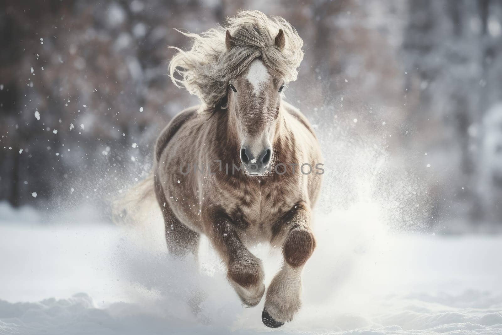 Cute horse in winter snow. Pet mammal. Generate Ai